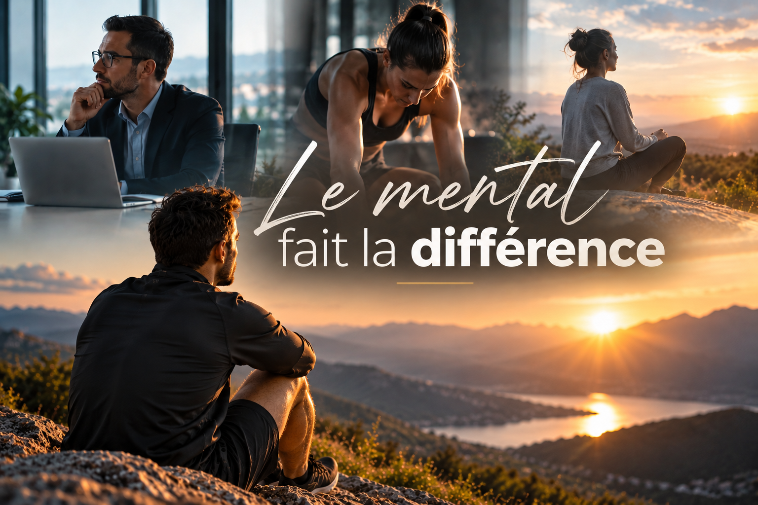 Personnes en plein air au coucher du soleil, texte « Le mental fait la différence » sur l’image.