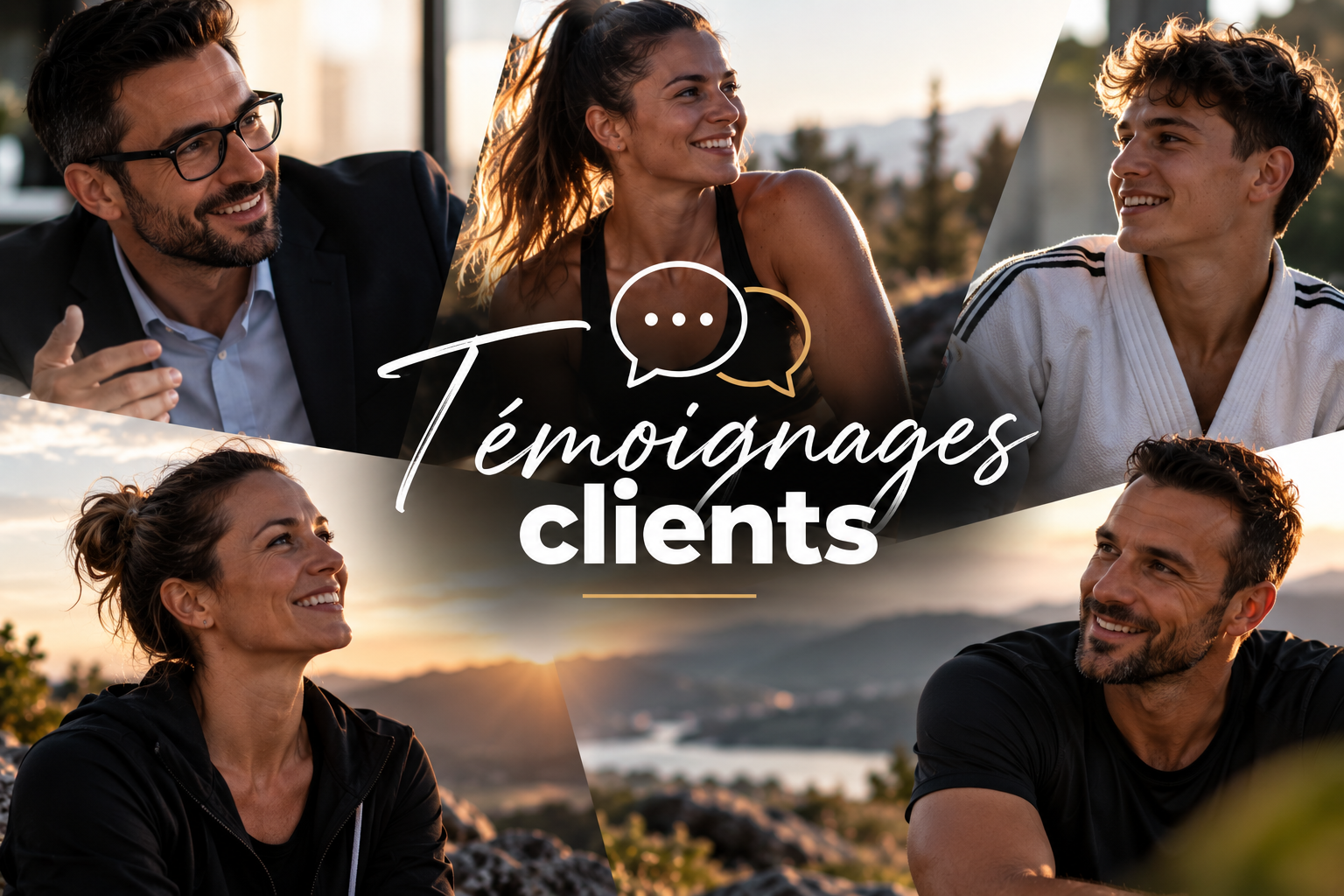 Collage de quatre couples souriants en plein air, avec bulles de dialogue et texte « émoignages clients ».